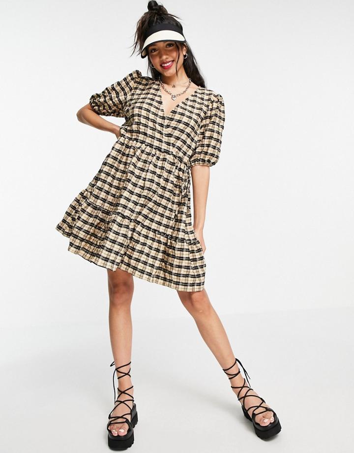 New Look Wrap Mini Smock Dress In Cream Check-white