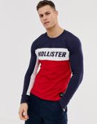 Hollister Color Block Chest Logo Long Sleeve Top In Navy/red/white - Multi