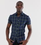 Asos Design Tall Skinny Fit Check Shirt In Navy And Green