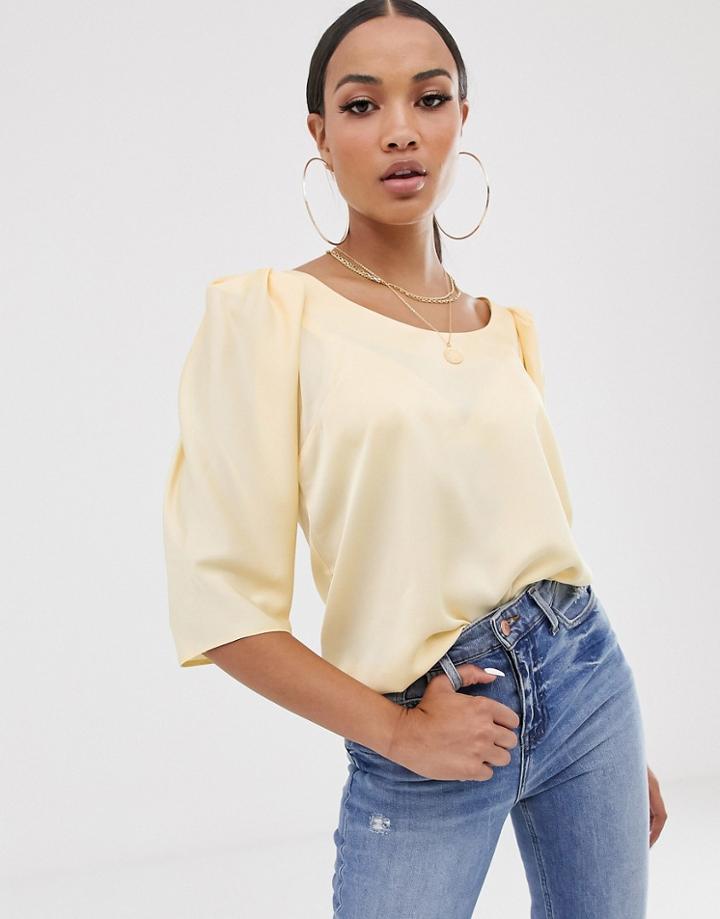 Asos Design Short Sleeve Satin Top With Scoop Neck And Shoulder Detail - Cream