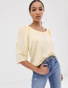 Asos Design Short Sleeve Satin Top With Scoop Neck And Shoulder Detail - Cream
