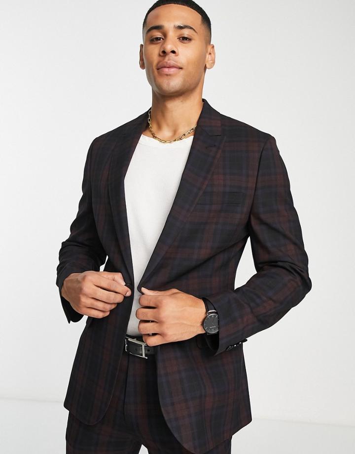 Asos Design Super Skinny Suit Jacket In Burgundy And Black Tartan-red