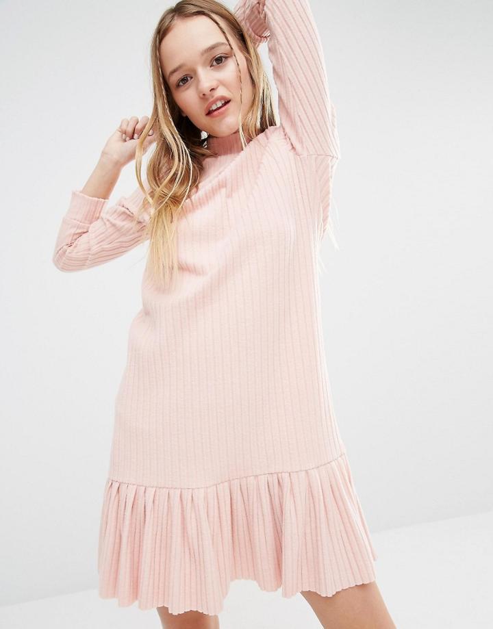 I Love Friday High Neck Dress With Peplum Skirt In Rib - Pink