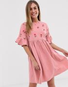 Asos Design Floral Embroidered Frill Sleeve Smock Dress-pink