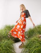 Asos Design Cut Out Floral Print Maxi Tea Dress In Red-multi