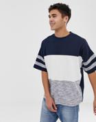 Asos Design Oversized T-shirt With Contrast Body And Sleeve Panels In Interest Fabric In Navy