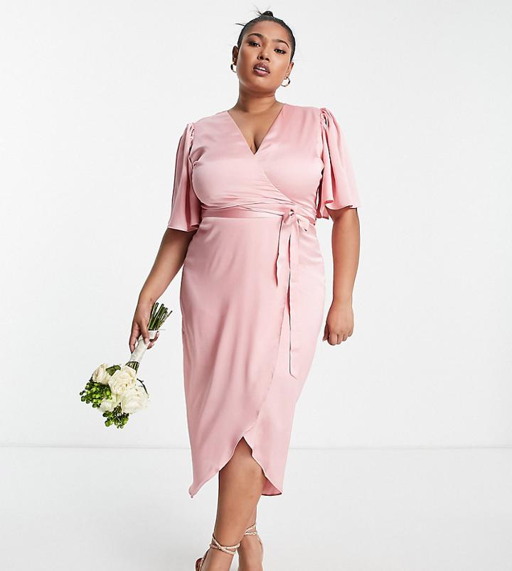 Liquorish Plus Bridesmaid Satin Wrap Front Midaxi Dress In Soft Rose Pink