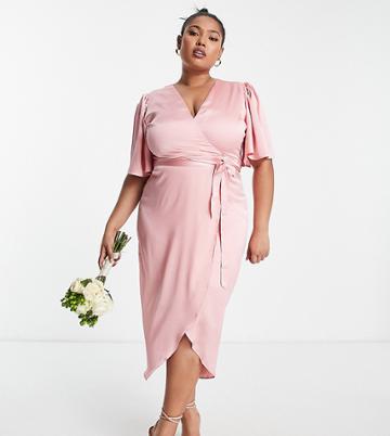 Liquorish Plus Bridesmaid Satin Wrap Front Midaxi Dress In Soft Rose Pink
