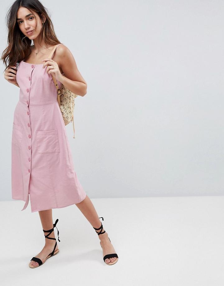 Asos Button Through Linen Midi Sundress - Pink