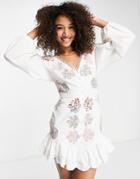 Asos Design Embroidered Patchwork Printed Mini Dress In White