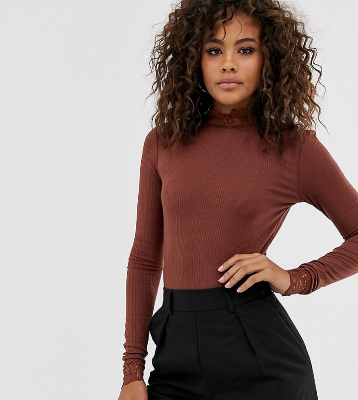 Y.a.s Tall High Neck Lace Rib Top-pink