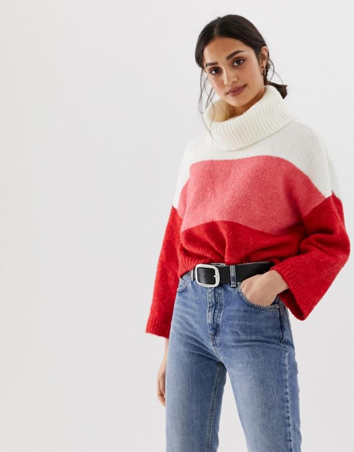 Only Jeana Color Block Rollneck Sweater In Wool Blend - Red