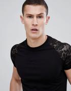 Asos Design Muscle T-shirt With Curve Hem And Contrast Lace Sleeves In Black - Black
