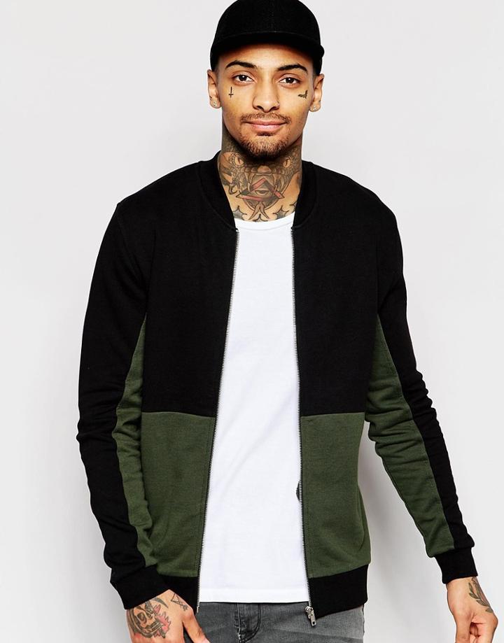 Asos Jersey Bomber Jacket With Cut & Sew In Khaki - Khaki