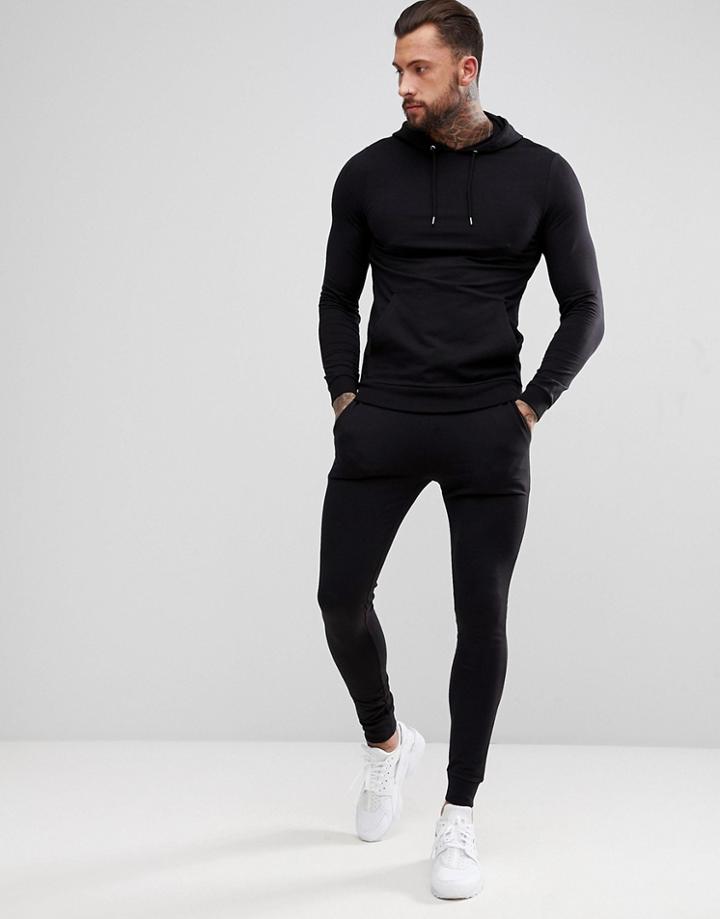 Asos Tracksuit Muscle Hoodie/extreme Super Skinny Joggers In Black - Black