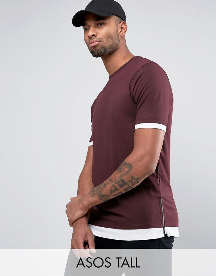 Asos Tall Longline T-shirt With Contrast Cuff And Hem And Side Zips - Red