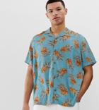 Asos Design Tall Mike Regular Fit Pineapple Print Shirt In Dusty Blue