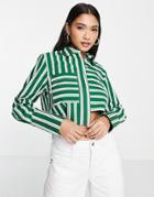 Topshop Stripe Poplin Cropped Shirt In Green