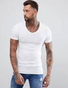 Asos Design Muscle Fit T-shirt With Raw Edge Rounded V Neck - White