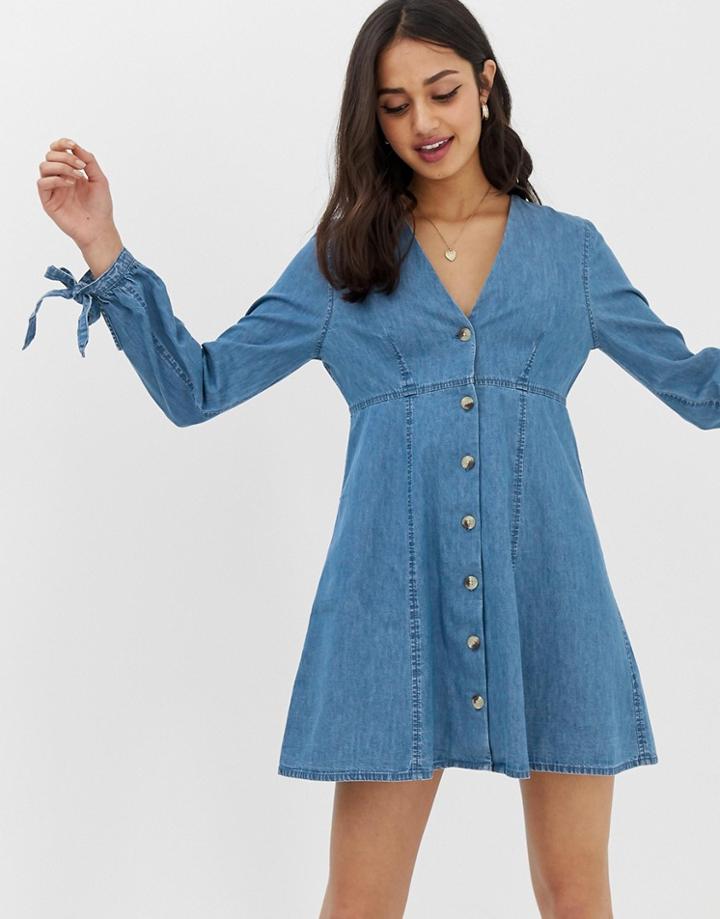 Asos Design Denim Tea Dress With Tie Sleeve Midwash Blue