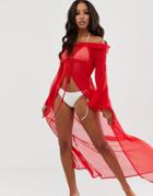Asos Design Glam Off Shoulder Maxi Beach Kimono In Red - Red