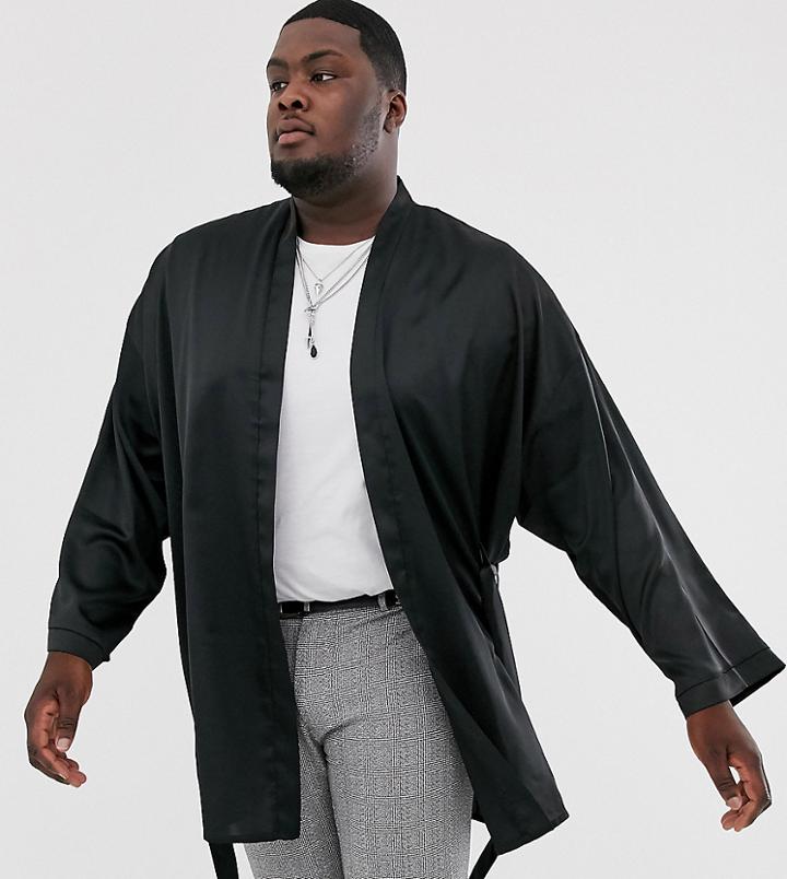 Asos Design Plus Belted Satin Kimono In Black - Black