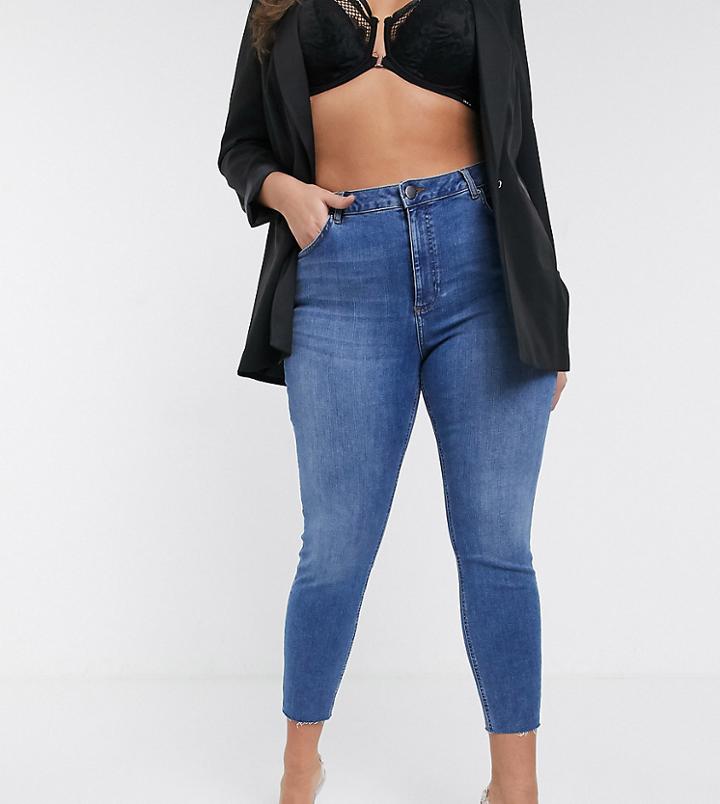 Asos Design Curve High Rise Ridley 'skinny' Jeans In Mid Wash Blue-blues