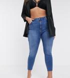 Asos Design Curve High Rise Ridley 'skinny' Jeans In Mid Wash Blue-blues