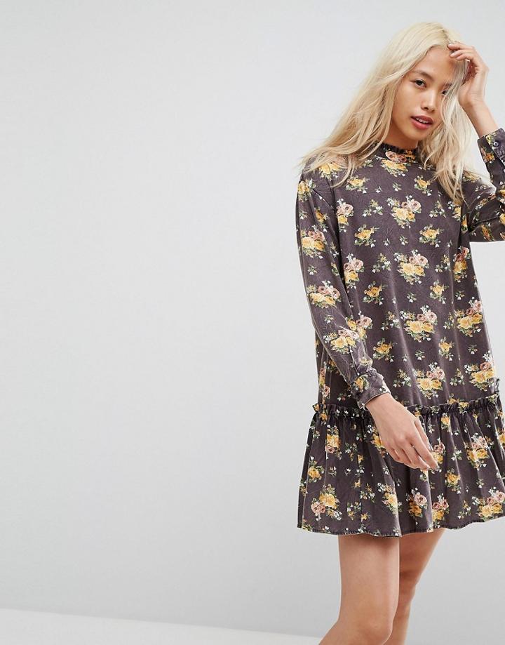 Asos Washed Mini Dress With Ruffle Hem In Floral Print - Multi