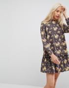 Asos Washed Mini Dress With Ruffle Hem In Floral Print - Multi