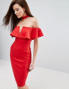 Rare London Bardot Frill Plunge Pencil Dress With Choker Detail - Red