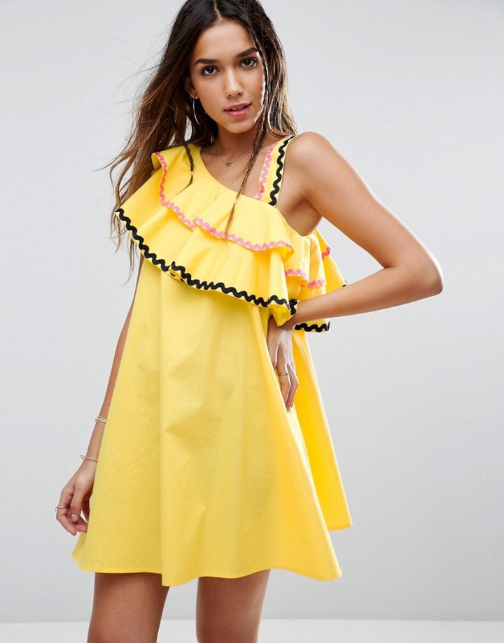 Asos Rik Rak Trim Ruffle One Shoulder Sundress In Structured Cotton - Yellow