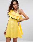Asos Rik Rak Trim Ruffle One Shoulder Sundress In Structured Cotton - Yellow