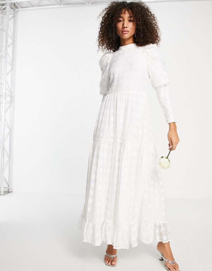 Sister Jane Bridal 80s Puff Sleeve Backless Lace Maxi Wedding Dress In Ivory-white
