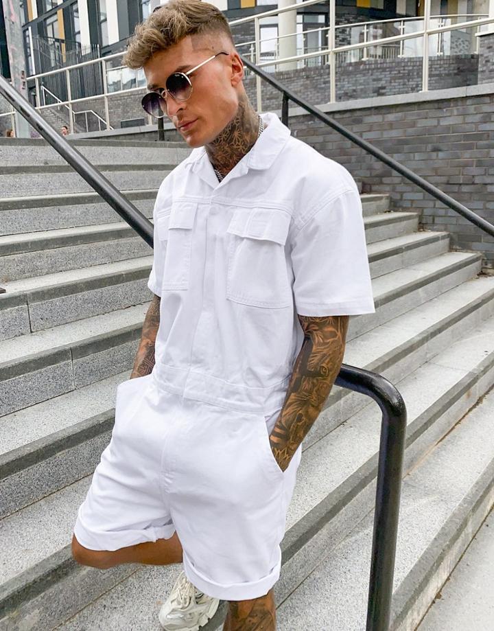 Asos Design Denim Short Boilersuit In White