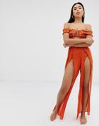 Boohoo Split Leg Beach Pants In Orange - White