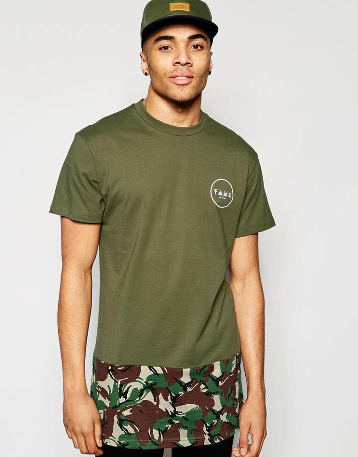 Friend Or Faux Longline T-shirt Camo Cut And Sew Khaki - Green