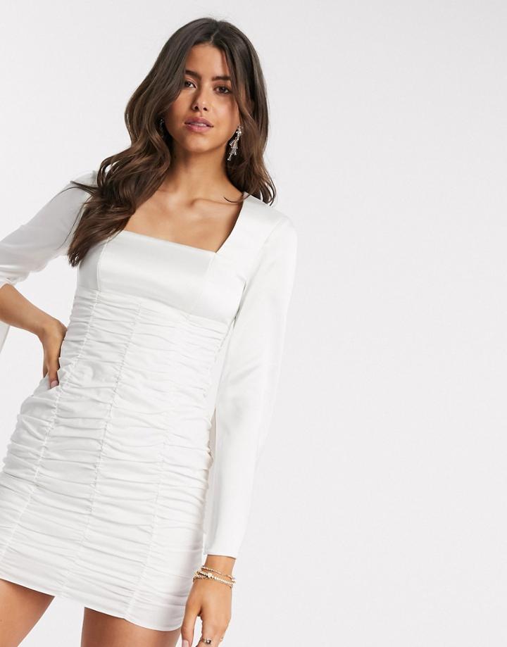 Asos Design Ruched Mini Dress With Satin Top And Split Sleeve In Ivory-white