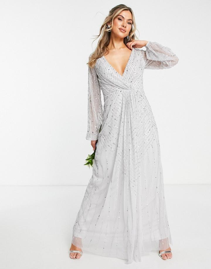 Frock And Frill Bridesmaid Plunge Front Maxi Dress With Embellishment In Gray