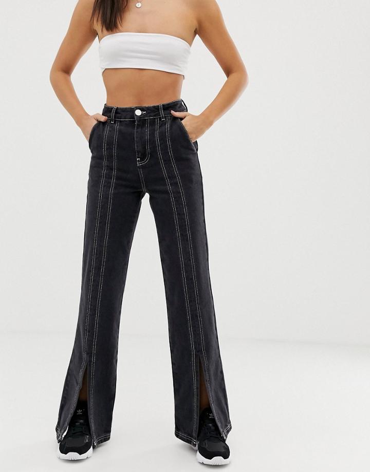 Asos Design Split Front Full Length Flare Jeans In Black With White Top Stitch