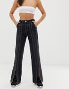 Asos Design Split Front Full Length Flare Jeans In Black With White Top Stitch