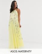 Asos Design Maternity Maxi Dress With Pinny Bodice In Embroidered Dobby - Yellow
