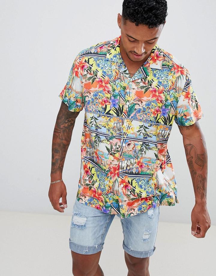 Asos Design Oversized Hawaiian Postcard Print Shirt With Revere Collar - Blue