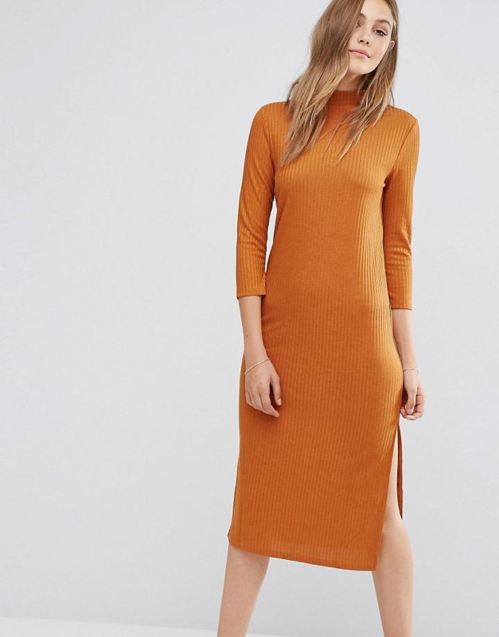 Vila High Neck Long Sleeve Midi Dress - Brown