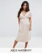 Asos Maternity Plunge Neck Midi Column Dress With Eyelet Detail And Tie - Beige