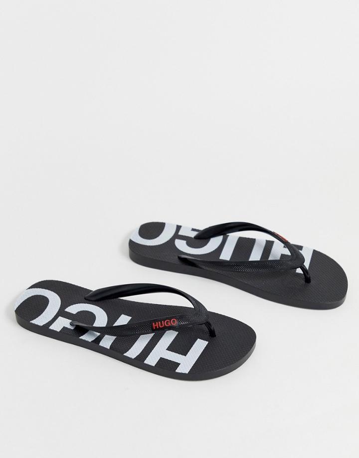 Hugo Logo Flip Flops In Black - Black