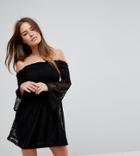 Asos Petite Bardot Shirred Lace Dress With Trumpet Sleeve - Black