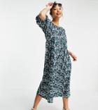 Asos Design Petite Midi Smock Dress With Short Puff Sleeves In Blue Daisy Print-blues