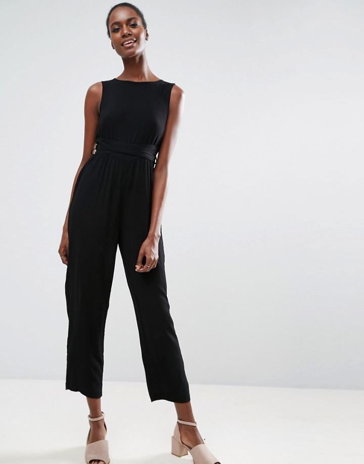 Asos Jumpsuit In Crinkle With Waist Wrap Tie - Black