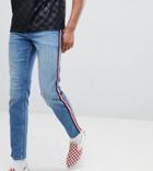 Asos Design Tall Slim Jeans In Mid Wash Blue With White Side Stripe - Blue